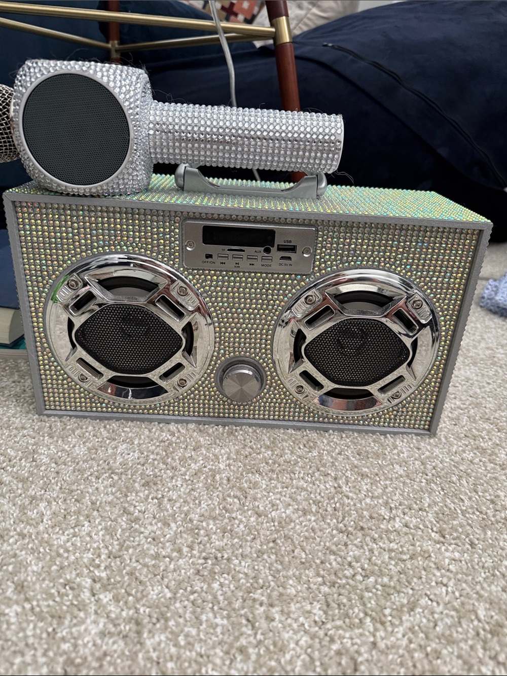 Silver Rhinestone Portable Bluetooth Speaker with Microphone